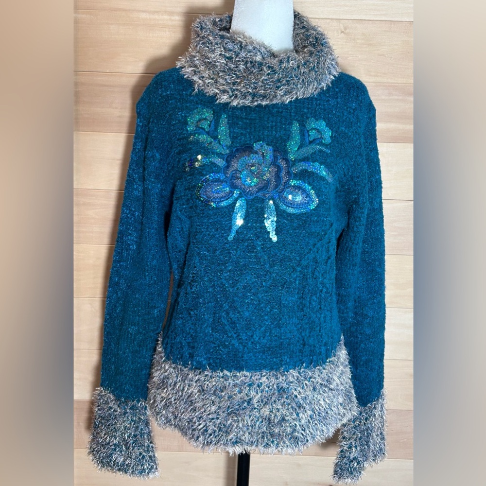 Chic Teal and Gray Floral Cowl Neck Sweater Size Medium embroidered sequins